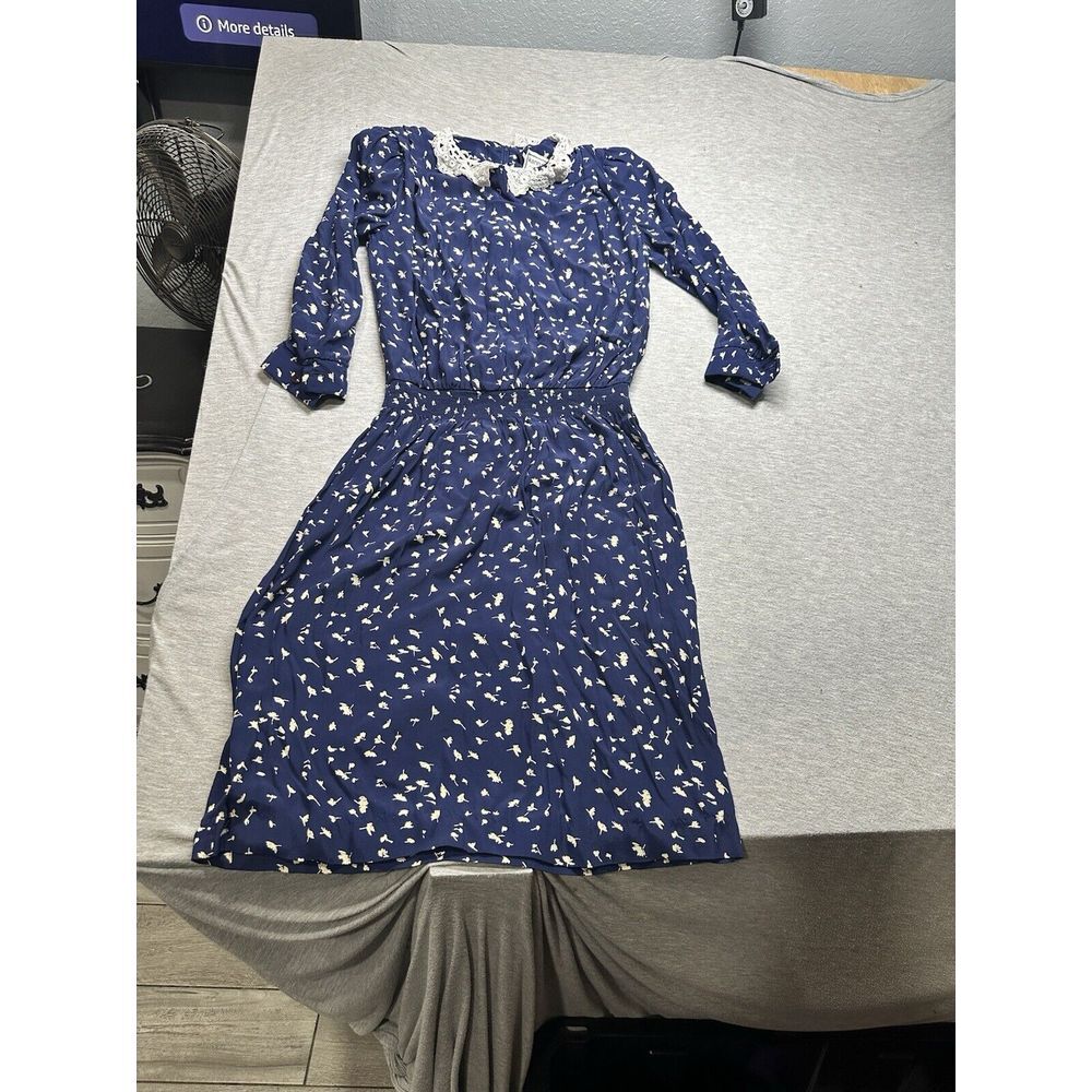 Karin Stevens Dress Womens 6 Cottagecore Blue Floral Lace Collar Rayon Vintage